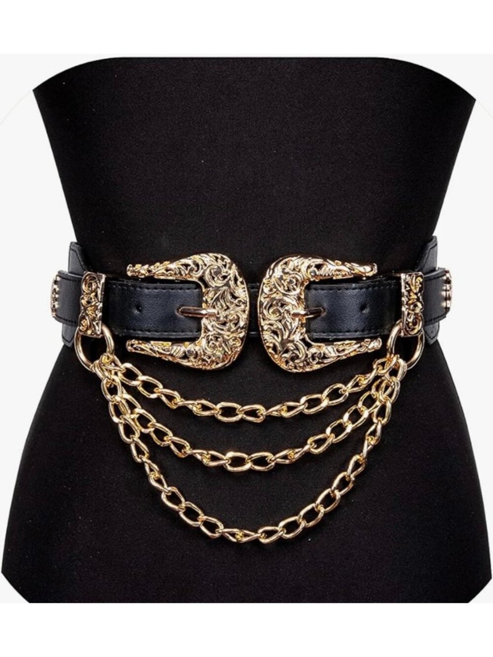 Western Inspired Black Elastic Chain Belt wGold-Tone Buckles & Chains Stretch - Picture 1 of 11